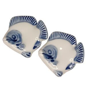 Vintage Ceramic Fish Chopstick Rests Holders Blue And White - Set Of Two - 2"